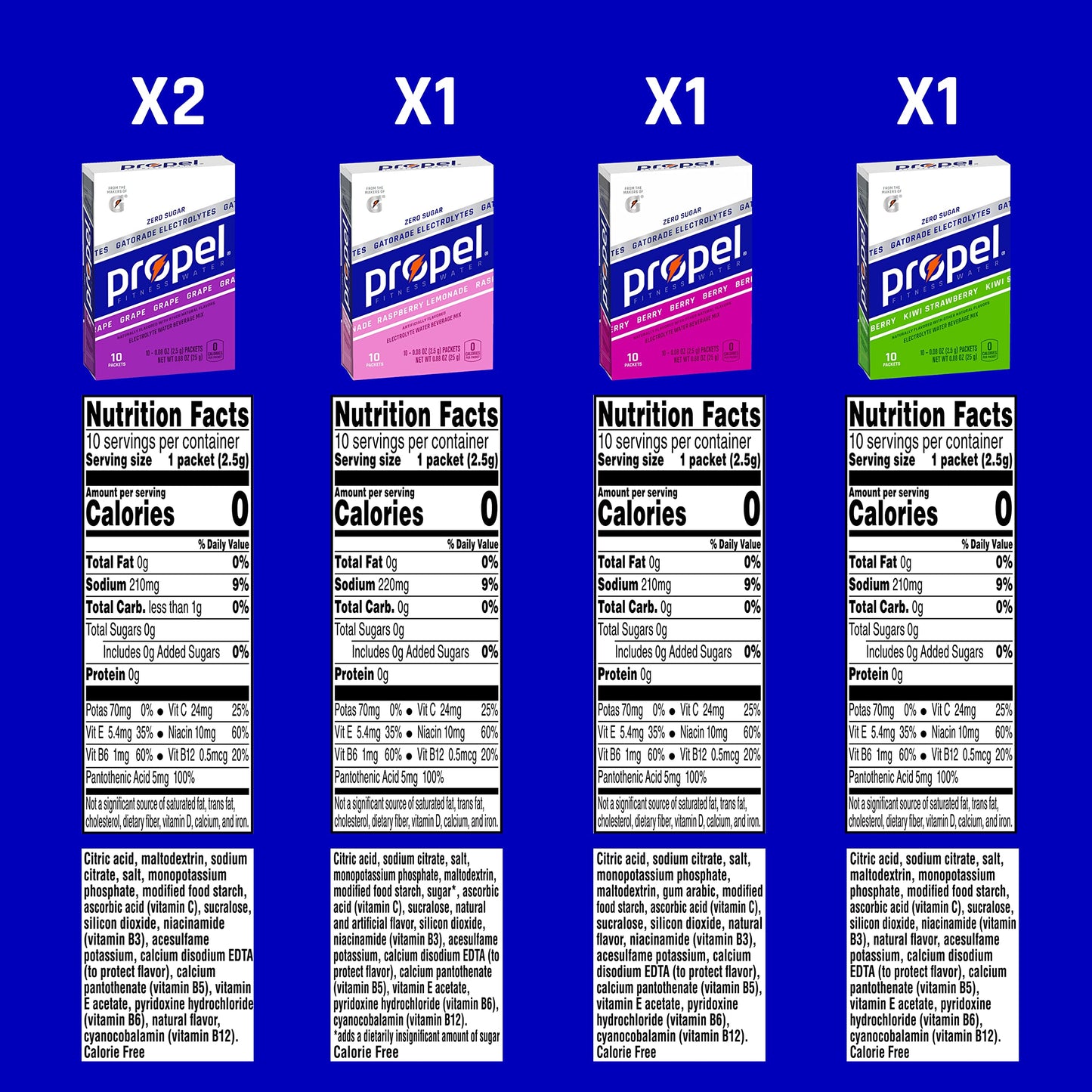 Propel Powder Packets 4 Flavor Variety Pack With Electrolytes, Vitamins and No Sugar 10 Count (Pack of 5) (Packaging May Vary)-UPStoxs