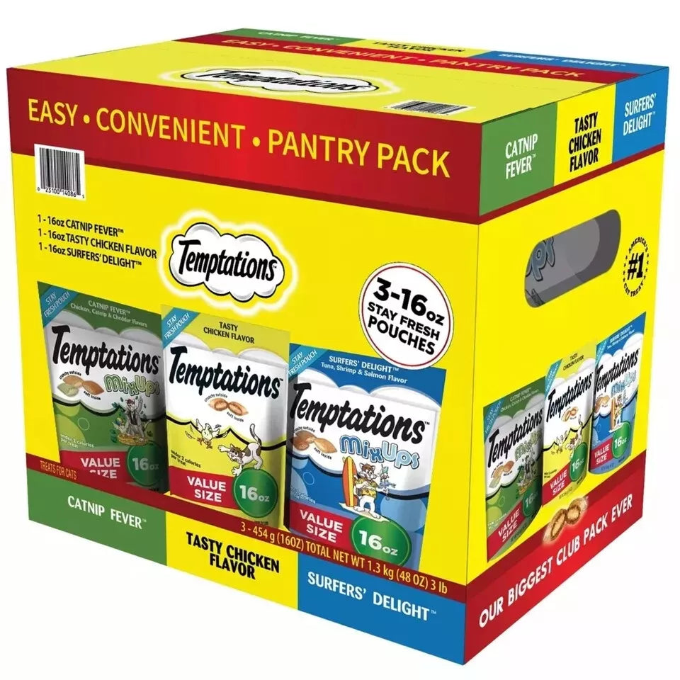 TEMPTATIONS Cat Treats Variety Pack with Tasty Chicken Flavor, Catnip Fever, & Surfers' Delight, 16 oz., 3 tubs