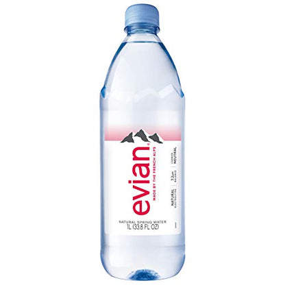 evian Natural Spring Water, PH Balanced with Natural Electrolytes, 33.8fl oz./1L Bottles (pack of 12)-UPStoxs