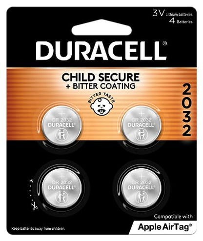 Duracell 2032 Lithium Battery. 4 Count Pack. Child Safety Features. Compatible with Apple AirTag, Key Fob, and other devices. CR2032 Lithium 3V Cell. 2032 Battery, Lithium Coin Battery-UPStoxs
