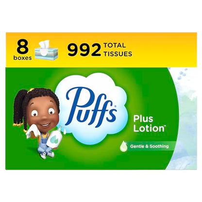 Puffs Plus Lotion Facial Tissues, 8 Family Boxes, 124 Facial Tissues per Box, Allergies and Colds-UPStoxs
