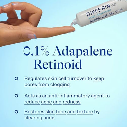 Differin Acne Treatment Gel, 30 Day Supply, Retinoid Treatment for Face with 0.1% Adapalene, Gentle Skin Care for Acne Prone Sensitive Skin, 15g Tube (Packaging May Vary)-UPStoxs