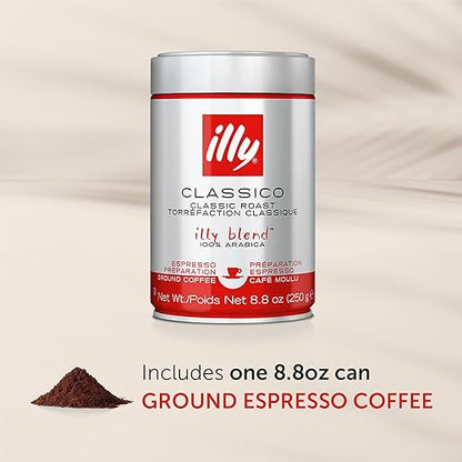 illy Classico Espresso Ground Coffee, Medium Roast, Classic Roast with Notes of Chocolate & Caramel, 100% Arabica Coffee, All-Natural, No Preservatives, 8.8 oz, Ground for Espresso Machines-UPStoxs