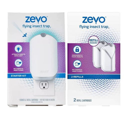 Zevo Flying Insect Trap for Indoors: Light Trap Captures Fruit Flies, Gnats and Houseflies, Starter Kit + Refills (1 Plug-in Base + 3 Cartridges)-UPStoxs