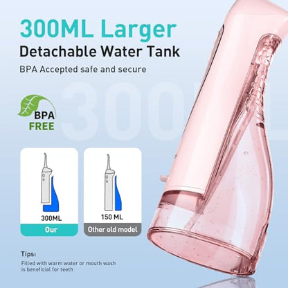 COSLUS Water Dental Flosser Teeth Pick: Portable Cordless Oral Irrigator 300ML Rechargeable Travel Irrigation Cleaner IPX7 Waterproof Electric Waterflosser for Teeth Cleaning F5020E Pink-UPStoxs