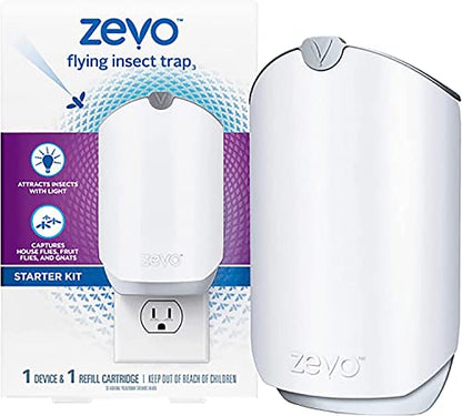Zevo Flying Insect Trap for Indoors: Light Trap Captures Fruit Flies, Gnats and Houseflies, Starter Kit + Refills (1 Plug-in Base + 3 Cartridges)-UPStoxs