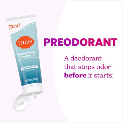 Lume Whole Body Deodorant - Invisible Cream Tube - 72 Hour Odor Control - Aluminum Free, Baking Soda Free, Skin Safe - 3.0 ounce (Unscented)-UPStoxs