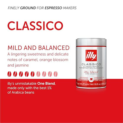 illy Classico Espresso Ground Coffee, Medium Roast, Classic Roast with Notes of Chocolate & Caramel, 100% Arabica Coffee, All-Natural, No Preservatives, 8.8 oz, Ground for Espresso Machines-UPStoxs