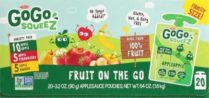 GoGo squeeZ Fruit on the Go Variety Pack, Apple, Banana & Strawberry, 3.2 oz (Pack of 20), Unsweetened Snacks for Kids, Gluten Free, Nut and Dairy Free, Recloseable Cap, BPA Free Pouches-UPStoxs