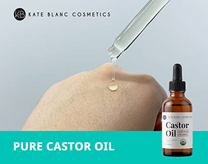 Kate Blanc Cosmetics Castor Oil (2oz), USDA Certified Organic, 100% Pure, Cold Pressed, Hexane Free. Stimulate Growth for Eyelashes, Eyebrows, Hair. Skin Moisturizer & Hair Treatment Starter Kit-UPStoxs