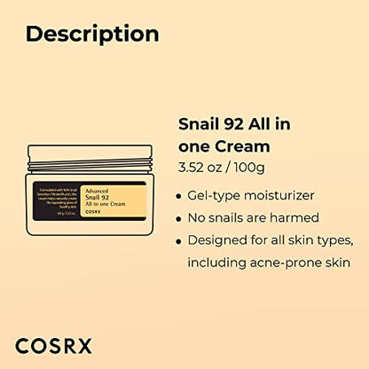 COSRX Snail Mucin 92% Repair Cream, Daily Face Gel Moisturizer for Dry Skin, Acne-prone, Sensitive Skin, Not Tested on Animals, No Parabens, Korean Skincare (3.52 Fl Oz (Pack of 1))-UPStoxs
