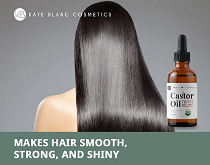 Kate Blanc Cosmetics Castor Oil (2oz), USDA Certified Organic, 100% Pure, Cold Pressed, Hexane Free. Stimulate Growth for Eyelashes, Eyebrows, Hair. Skin Moisturizer & Hair Treatment Starter Kit-UPStoxs