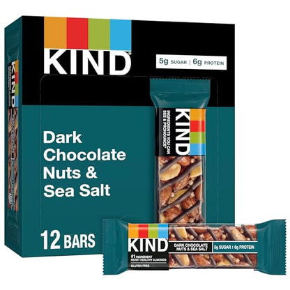 KIND Bars, Dark Chocolate Nuts and Sea Salt, Healthy Snacks, Gluten Free, Low Sugar, 6g Protein, 12 Count-UPStoxs