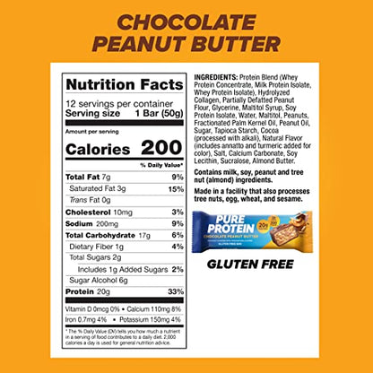 Pure Protein Bars, High Protein, Nutritious Snacks to Support Energy, Low Sugar, Gluten Free, Chocolate Peanut Butter, 1.76oz, 12 Count (Packaging May Vary)-UPStoxs