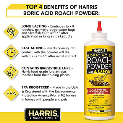 HARRIS Boric Acid Roach and Silverfish Killer Powder w/Lure for Insects (16oz)-UPStoxs