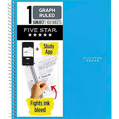 Five Star Spiral Notebook + Study App, 1 Subject, Graph Ruled Paper, Fights Ink Bleed, Water Resistant Cover, 8-1/2" x 11", 100 Sheets, Tidewater Blue (06190AA4)-UPStoxs