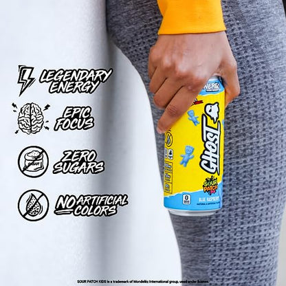 GHOST Energy Drink - 12-Pack, Sour Patch Kids Blue Raspberry, 16oz - Energy & Focus & No Artificial Colors - 200mg Natural Caffeine, L-Carnitine & Taurine - Gluten-Free & Vegan-UPStoxs