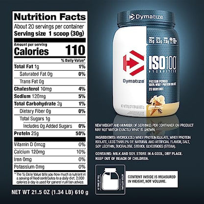 Dymatize ISO100 Hydrolyzed Protein Powder, 100% Whey Isolate, 25g of Protein, 5.5g BCAAs, Gluten Free, Fast Absorbing, Easy Digesting, Gourmet Vanilla, 20 Servings-UPStoxs