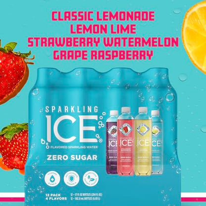 Sparkling Ice Blue Variety Pack, Zero Sugar Sparkling Water, with Vitamins and Antioxidants, 17 fl oz, 12 count (Classic Lemonade, Strawberry Watermelon, Grape Raspberry, Lemon Lime)-UPStoxs