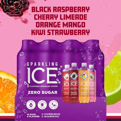 Sparkling Ice Purple Variety Pack, Flavored Water, Zero Sugar, with Vitamins and Antioxidants, 17 fl oz, 12 count (Black Raspberry, Cherry Limeade, Orange Mango, Kiwi Strawberry)-UPStoxs