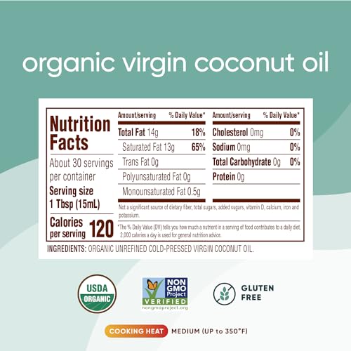 Nutiva Organic Coconut Oil 15 fl oz, Cold-Pressed, Fresh Flavor for Cooking, Natural Hair, Skin, Massage Oil and, Non-GMO, USDA Organic, Unrefined Extra Virgin Coconut Oil (Aceite de Coco)-UPStoxs