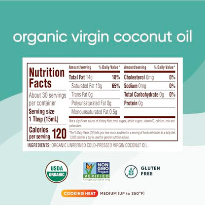 Nutiva Organic Coconut Oil 15 fl oz, Cold-Pressed, Fresh Flavor for Cooking, Natural Hair, Skin, Massage Oil and, Non-GMO, USDA Organic, Unrefined Extra Virgin Coconut Oil (Aceite de Coco)-UPStoxs