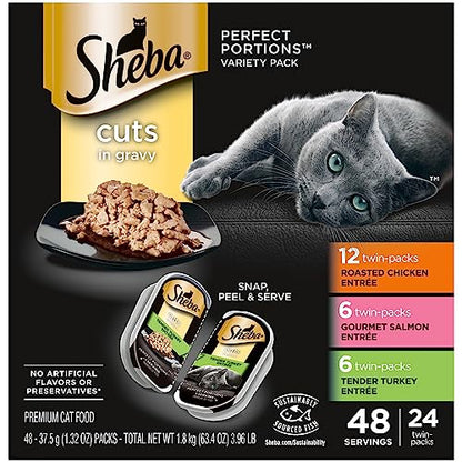 SHEBA Perfect Portions Cuts in Gravy Wet Cat Food Trays, Roasted Chicken, Gourmet Salmon and Tender Turkey Entrée Variety Pack, Easy Peel Twin-Pack Trays, 1.32 Ounce (Pack of 48)-UPStoxs