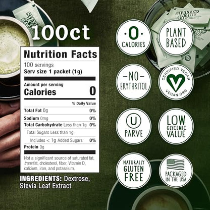 Stevia In The Raw, Plant Based Zero Calorie, No Erythritol, Sugar Substitute, Sugar-Free Sweetener for Coffee, Hot & Cold Drinks, Suitable For Diabetics, Vegan, Gluten-Free, 100Count Packets (1 Pack)-UPStoxs