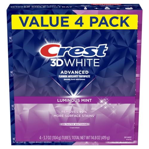 Crest 3D White Advanced Luminous Mint Teeth Whitening Toothpaste, 3.7 oz Pack of 4 - Helps Remove Surface Stains, Whitens Teeth, Strengthens Tooth Enamel, Protects Against Cavities-UPStoxs