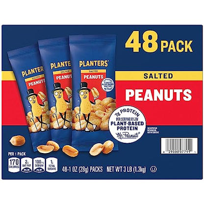 PLANTERS Salted Peanuts, Snack Size, Nuts Individual Packs, Peanuts with Sea Salt, Simple Ingredients, Convenient Snacking, On the Go Snacks, Kosher, 1oz Bags (48 Pack)-UPStoxs