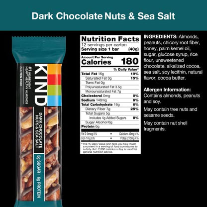 KIND Bars, Dark Chocolate Nuts and Sea Salt, Healthy Snacks, Gluten Free, Low Sugar, 6g Protein, 12 Count-UPStoxs