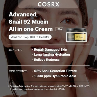 COSRX Snail Mucin 92% Repair Cream, Daily Face Gel Moisturizer for Dry Skin, Acne-prone, Sensitive Skin, Not Tested on Animals, No Parabens, Korean Skincare (3.52 Fl Oz (Pack of 1))-UPStoxs