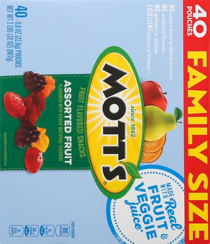 Mott's Fruit Flavored Snacks, Assorted Fruit, Pouches, 0.8 oz, 40 ct-UPStoxs