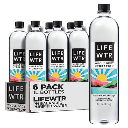 LIFEWTR Premium Purified Water, pH Balanced with Electrolytes, 100% recycled plastic bottles, 33.8 Fl Oz, 1L (Pack of 6)-UPStoxs