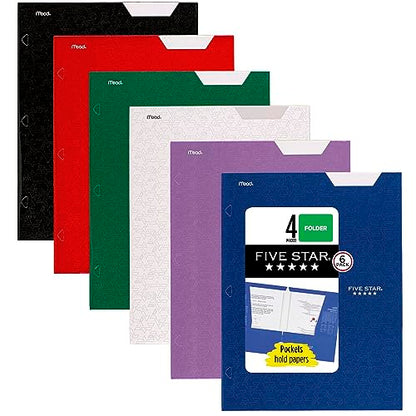Five Star 4-Pocket Folders, 6 Count (Pack of 1), Fits 3-Ring Binders, Holds 11" x 8-1/2", Assorted Trend Colors (38056)-UPStoxs