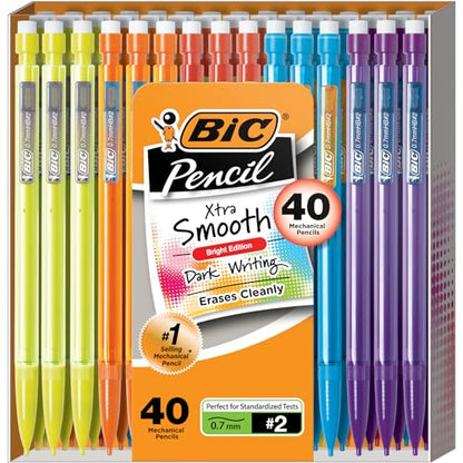 BIC Xtra-Smooth Mechanical Pencils with Erasers (MPCE40-BLK), Bright Edition Medium Point (0.7mm), 40-Count Pack, Bulk Mechanical Pencils for School, Barrel Colors May Vary-UPStoxs
