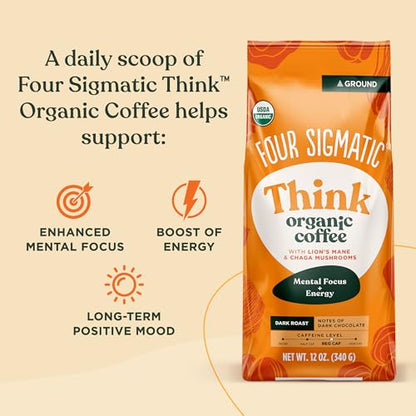 Four Sigmatic Think Mushroom Coffee | Organic Ground Coffee with Lion's Mane Mushroom and Chaga Mushroom | Nootropic Mushroom Coffee for Better Focus and Immune Support | 12oz Bag-UPStoxs