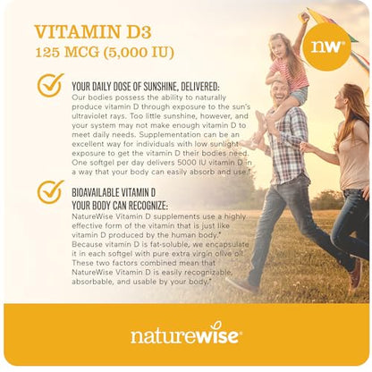 NatureWise Vitamin D3 5000iu (125 mcg) 1 Year Supply for Healthy Muscle Function, and Immune Support, Non-GMO, Gluten Free in Cold-Pressed Olive Oil, Packaging Vary ( Mini Softgel), 360 Count-UPStoxs