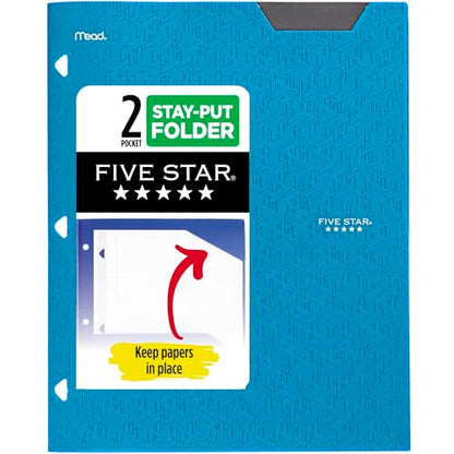 Five Star 2-Pocket Folder, Plastic Folder with Stay-Put Tabs, Fits 3 Ring Binder, Holds 8-1/2" x 11" Paper, Blue (333420H-ECM)-UPStoxs