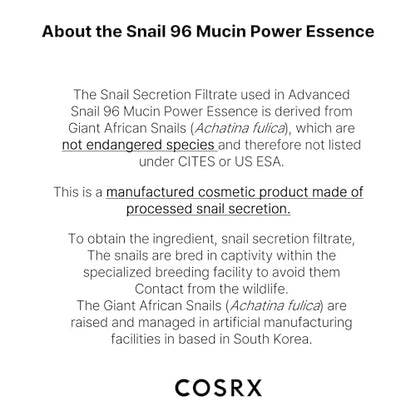 COSRX Snail Mucin 96% Power Repairing Essence 3.38 fl.oz 100ml, Hydrating Serum for Face with Snail Secretion Filtrate for Dull Skin & Fine Lines, Korean Skincare-UPStoxs