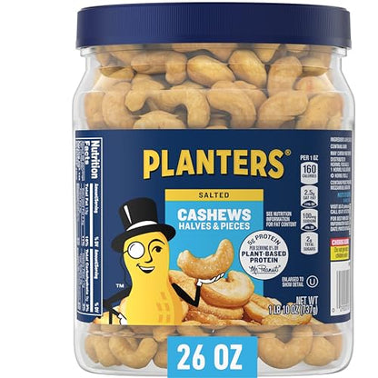 PLANTERS Salted Cashew Halves & Pieces, Party Snacks, Plant-Based Protein, Quick Snack for Adults, After School Snack, Roasted Cashews, Flavored with Sea Salt, Bulk Nuts, Kosher, 26oz Canister-UPStoxs