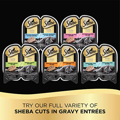 SHEBA Perfect Portions Cuts in Gravy Wet Cat Food Trays, Roasted Chicken, Gourmet Salmon and Tender Turkey Entrée Variety Pack, Easy Peel Twin-Pack Trays, 1.32 Ounce (Pack of 48)-UPStoxs