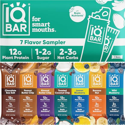 IQBAR Brain and Body Plant Protein Bars - 7 Bar Sampler Pack - Low Carb, High Fiber, Gluten Free, Healthy Vegan Snacks - Low Sugar Keto Energy Bars-UPStoxs