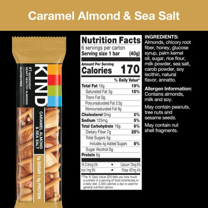 KIND Bars, Caramel Almond & Sea Salt, Healthy Snacks, Gluten Free, Low Sugar, 6g Protein, 12 Count-UPStoxs