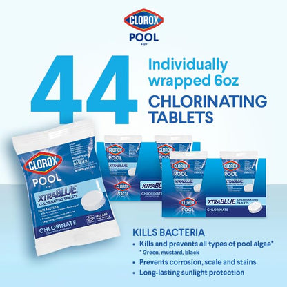 Clorox® Pool&Spa™ XtraBlue 3” Swimming Pool Chlorinating Tablets, 44 Individually Wrapped Tablets, Kills Bacteria & Stops Algae (16.5 LB)-UPStoxs