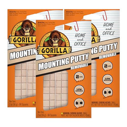 Gorilla Mounting Putty, Non-Toxic Hanging Adhesive, Removeable & Repositionable, 84 Pre-Cut Squares, 3pk - 2oz/56g, Natural Tan Color, (Pack of 3)-UPStoxs