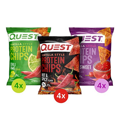 Quest Nutrition Tortilla Style Protein Chips Variety Pack, Chili Lime, Hot & Spicy, & Spicy Sweet Chili, 12 Count (3 Each Flavor)-UPStoxs