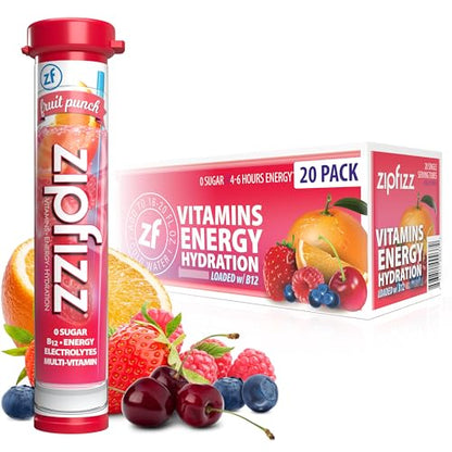 Zipfizz Daily Energy Drink Powder, Fruit Punch, 20 Pack 3-in-1 Sustained Energy, Rapid Hydration, and Essential Vitamins Sugar-Free Electrolyte Powder Contains Vitamin B-12 & Antioxidants-UPStoxs