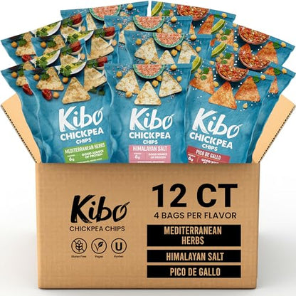 Kibo Chickpea Chips - High Protein/Fiber, Plant-Based, Cert. Gluten Free, Non-GMO, Vegan, Kosher, 3 Flavor Variety Pack, 1oz 12 pk-UPStoxs