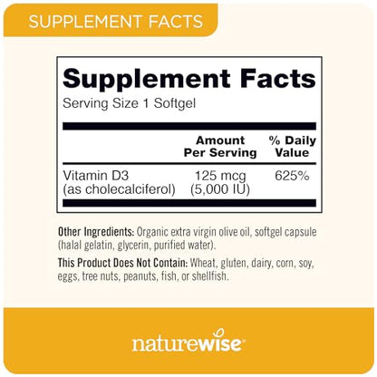 NatureWise Vitamin D3 5000iu (125 mcg) 1 Year Supply for Healthy Muscle Function, and Immune Support, Non-GMO, Gluten Free in Cold-Pressed Olive Oil, Packaging Vary ( Mini Softgel), 360 Count-UPStoxs